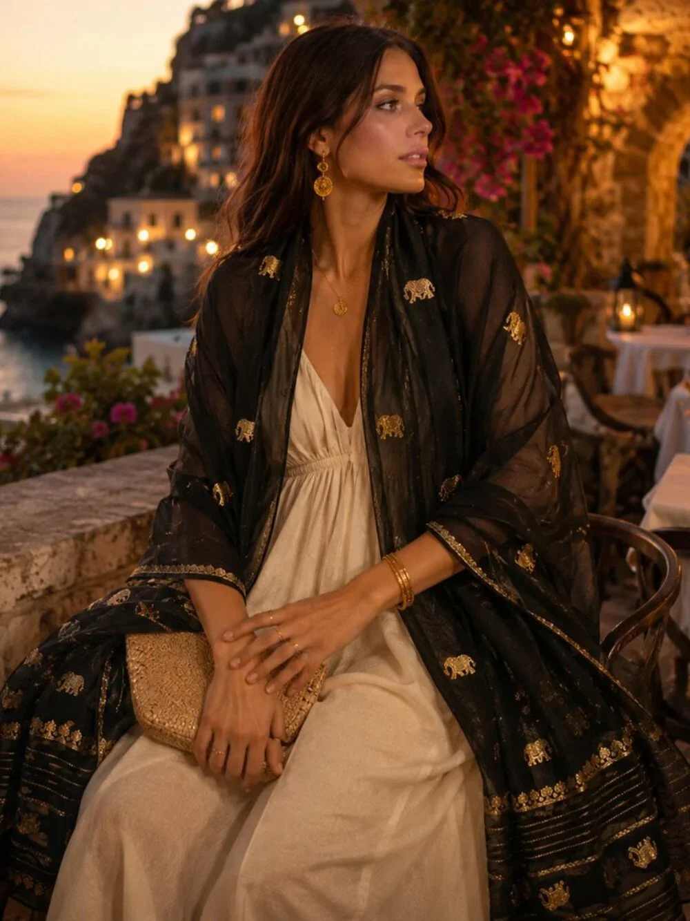 Sheer Black & Gold Embroidered Evening Scarf Shawl | Quiet Luxury